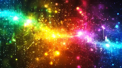 Obraz premium Vibrant rainbow nebula with sparkling lights and energy streaks.