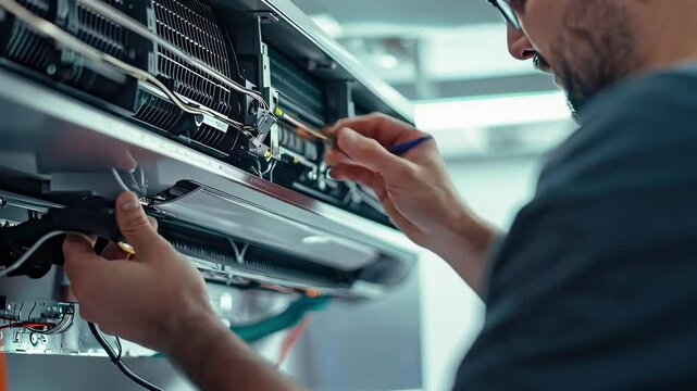 the man repairs the air conditioner. Selective focus