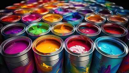 Vibrant Interior of Opened Aluminum Cans Showcasing an Array of Colorful Paint Hues, Offering a...