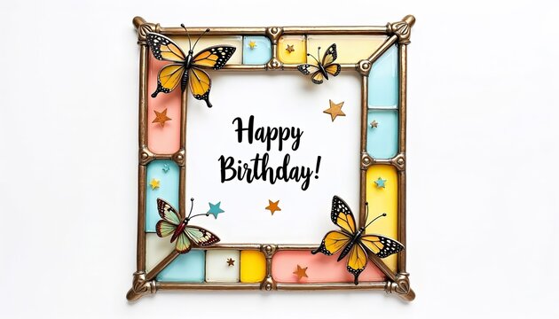 Whimsical birthday greeting card with colorful stained glass design and copy space