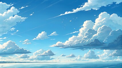 This image presents a serene and stylized view of a vast sky filled with fluffy, white clouds