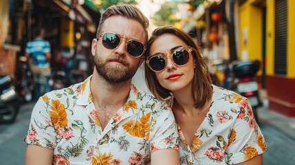 Obraz premium Couple in stylish matching outfits posing in vibrant street setting urban lifestyle photography