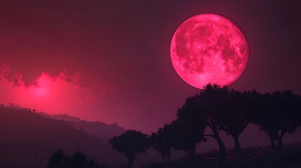 Scarlet moon glowing vividly on ocean waves under dark skies image