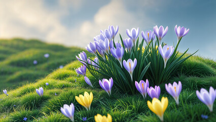 Blooming crocus flowers covering green grassy hills under cloudy sky