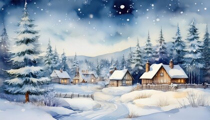 Peaceful Winter Scene Soft Watercolor Snowfall on a Cozy Cabin Amidst a Winter Wonderland, Capturing the Essence of a Tranquil and Picturesque Winter Landscape