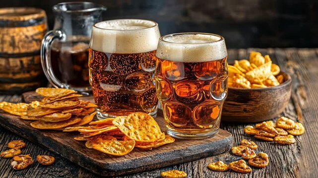 beer and beer snacks on the table. Selective focus