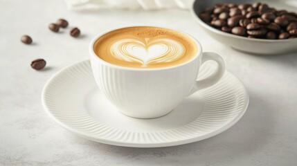 A white cup of coffee with latte art in the shape of a heart on a white saucer with some coffee beans in the corner.