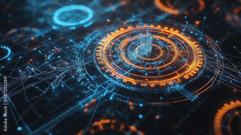 Poster interconnected technology background with glowing circles and lines