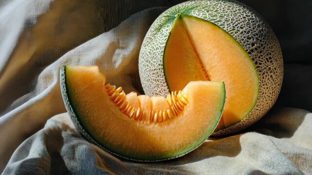 Fresh cantaloupe and sliced wedge on textured cloth in natural light, Fresh cantaloupe with sliced wedge on textured cloth