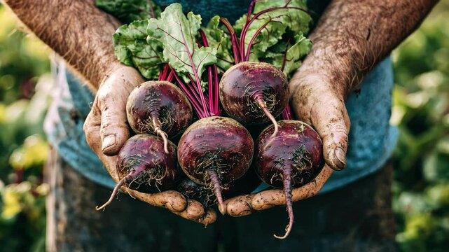 freshly picked beets in hands. Selective focus
