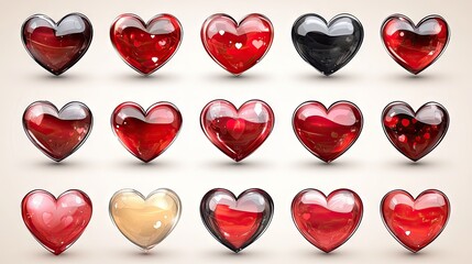 Glossy, red, and other hearts on a light background.