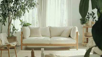 Fototapeta premium A minimalist Scandinavian-style living room featuring a white sofa, light wood furniture, and green plant accents, creating a bright and airy space with a cozy and inviting atmosphere. 