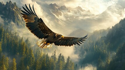 Fototapeta premium Majestic eagle soaring above a lush forest with stunning mountain backdrop during golden hour