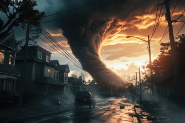 Fototapeta premium Powerful hurricane tornado is tearing through a suburban town, causing destruction and chaos as cars attempt to escape the devastating force of nature