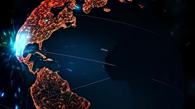 globe with maps of continents with glowing lines denoting state and country borders. concept of global network and its connectivity, data transmission and cyber technology, information exchange 