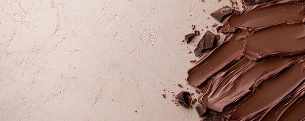 A creamy backdrop features rich chocolate spread, artistically smeared, evoking indulgence and culinary delight.