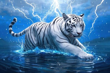 White tiger with serious face, with water and blue background, with lighting effects, with electric movement, auto, star