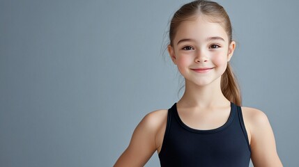 Young dancer in black leotard smiling warmly against grey studio background, showcasing natural beauty and grace in simple portrait composition with soft lighting and copy space.