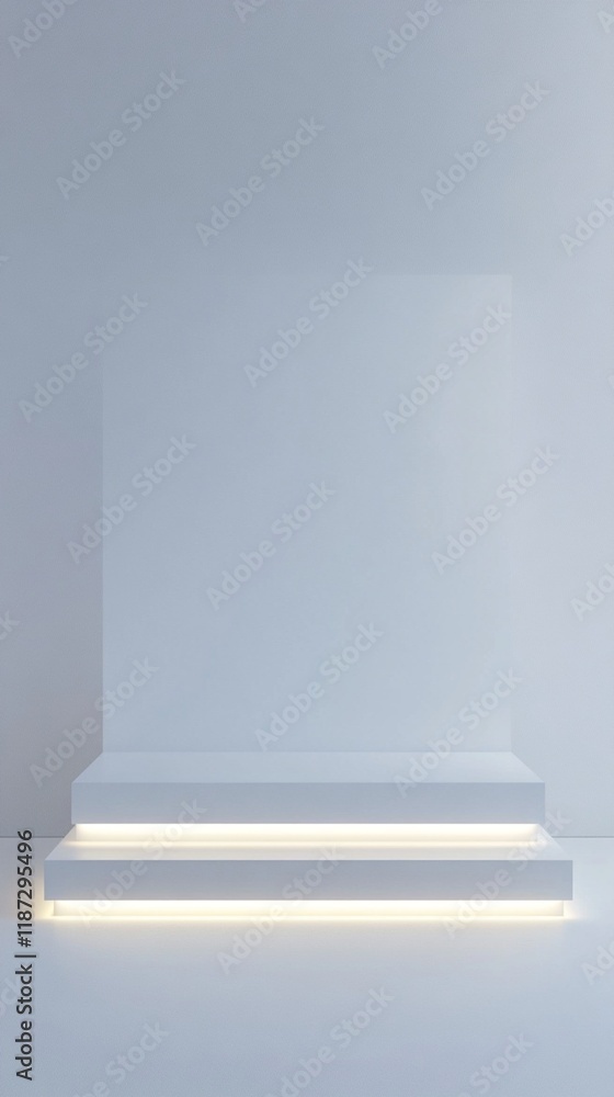 Aufkleber minimalist white interior with illuminated floating steps creating dramatic lighting effect against 