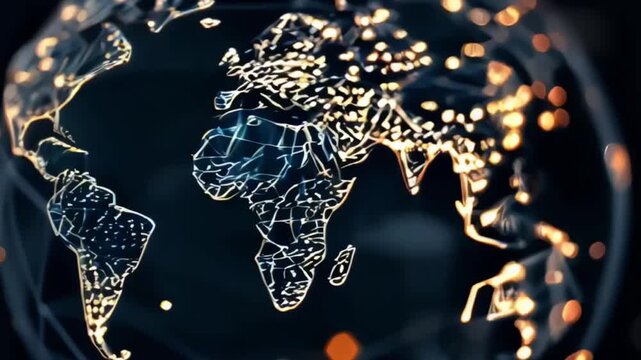 globe with maps of continents with glowing lines denoting state and country borders. concept of global network and its connectivity, data transmission and cyber technology, information exchange 
