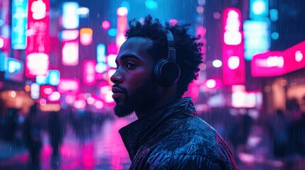 Obraz premium Profile of a man with headphones in a neon cityscape.