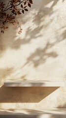 Minimalist white shelf against beige wall with natural sunlight casting gentle leaf shadows, creating serene aesthetic composition perfect for product display or decoration.