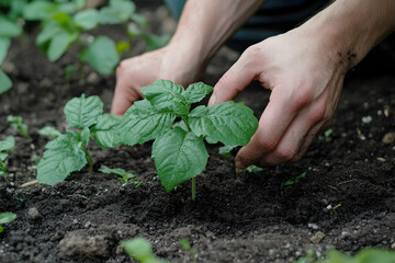 Planting a small tree sapling by hand, showcasing eco-friendly concepts with ample space for creative designs