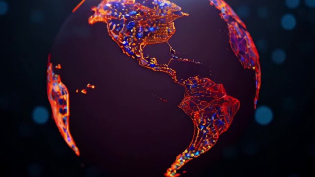 globe with maps of continents with glowing lines denoting state and country borders. concept of global network and its connectivity, data transmission and cyber technology, information exchange 