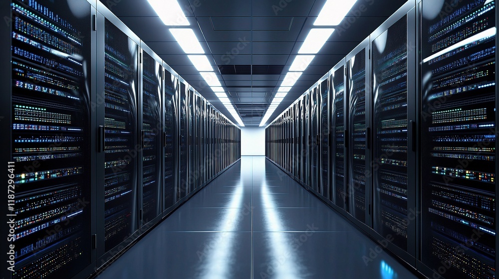 Poster modern data center with network connections and software lines