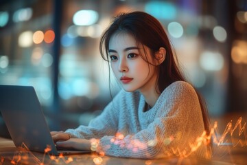 Focused Korean Businesswoman Analyzing Data on Laptop with Abstract Light Lines in Modern Office Setting