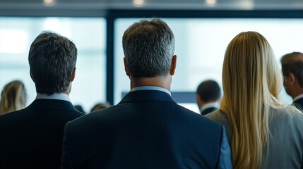 Obraz premium Business professionals in formal attire viewed from behind during corporate conference or meeting, with focus on navy suit and blonde hair against blurred office background.