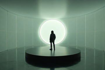 Obraz premium Silhouette of person standing in futuristic circular illuminated room concept