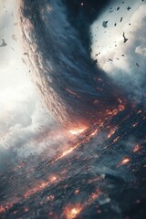 Powerful hurricane tornado is tearing through a suburban town, causing destruction and chaos as cars attempt to escape the devastating force of nature