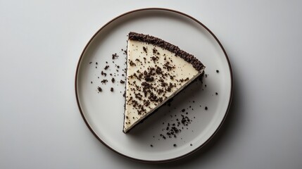 A minimalistic photo of a slice of Oreo cheesecake on a simple white plate with chocolate crumbs on top