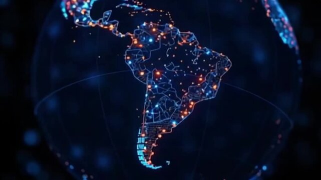globe with maps of continents with glowing lines denoting state and country borders. concept of global network and its connectivity, data transmission and cyber technology, information exchange