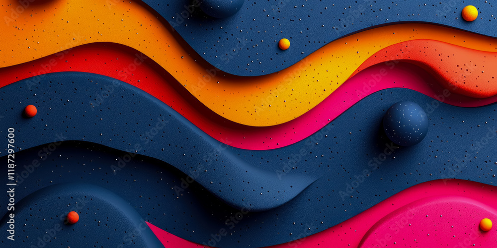 Poster dynamic abstract composition with wavy forms and spheres in vibrant hues