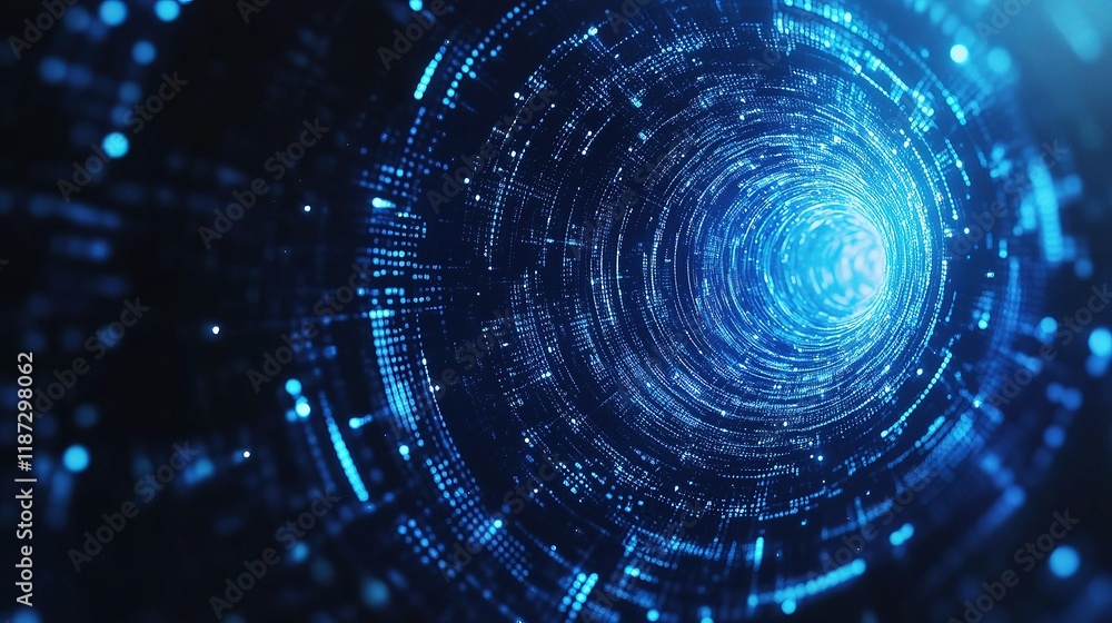 Poster digital blue circles interconnected in tech lines against dark background