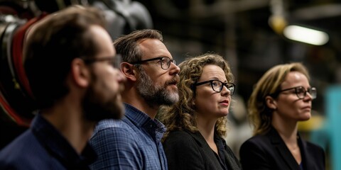 Fototapeta premium A group of professionals are attentively listening, reflecting dedication and teamwork in an engaging environment, showcasing the importance of collaboration in achieving common goals.