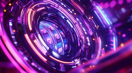 Close-up view of slot machine reels with dynamic purple lighting