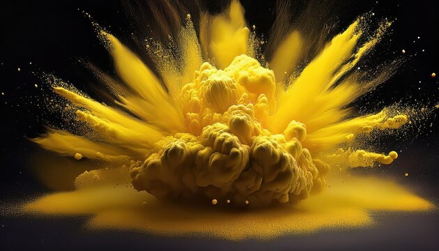 Vivid Explosion of Yellow Powdery Substance Against a Minimalistic Background, Conveying a Mysterious and Otherworldly Atmosphere.