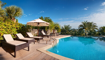 tropical resort poolside serenity with loungers and umbrella