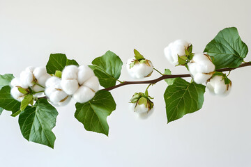 Close-up view of white cotton bolls on a branch with green leaves showcasing natural softness