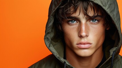 Close-up portrait of a young man with olive skin and blue eyes wearing a green hooded jacket against an orange background.
