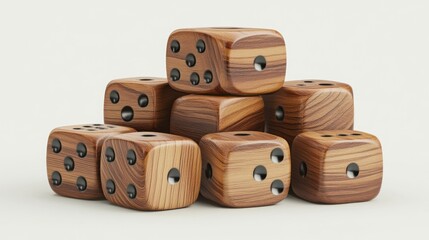 Stack of wooden dice on white background.