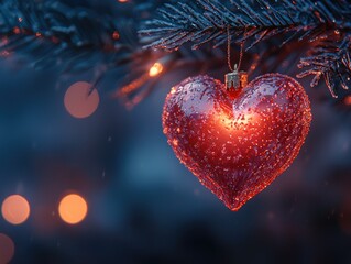 Glowing heart ornament on frosty tree with bokeh lights, winter holiday scene.