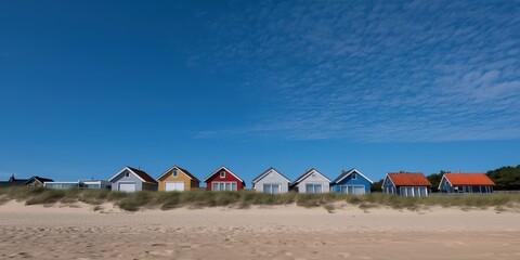 Colorful beach houses align under a bright blue sky, showcasing coastal living and a cheerful, relaxed atmosphere at a beach destination.