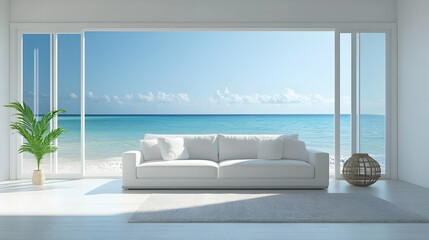 Coastal living room with simple, minimalist design evoking seaside relaxation