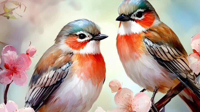 Colorful birds amidst cherry blossoms in tranquil springtime scene