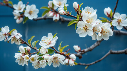 Obraz premium Blooming almond tree branches showing delicate white flowers on blue background
