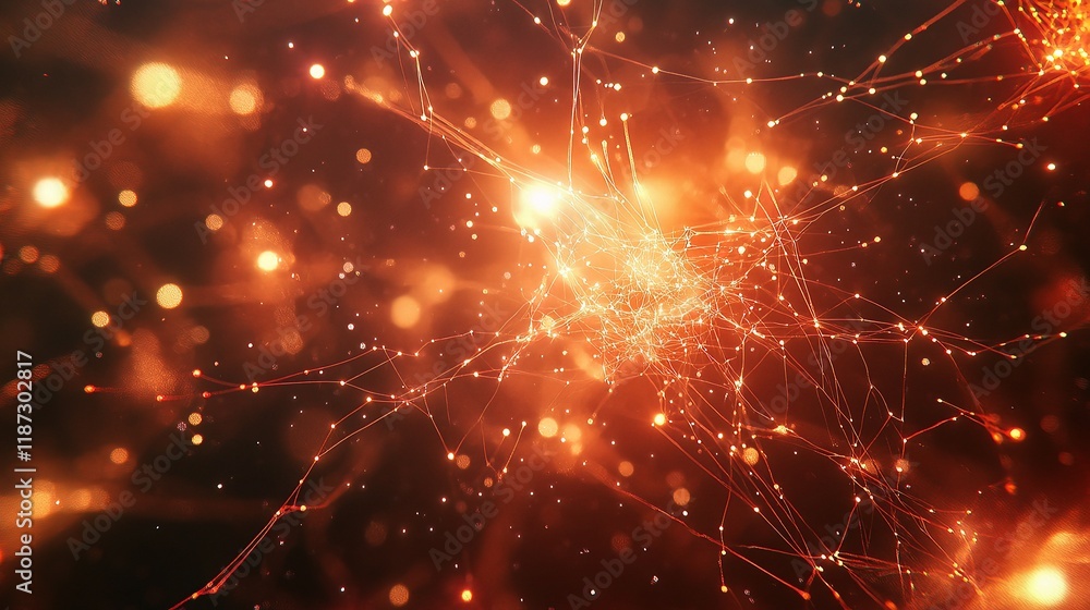 Poster neural network visualization with abstract orange lights and lines
